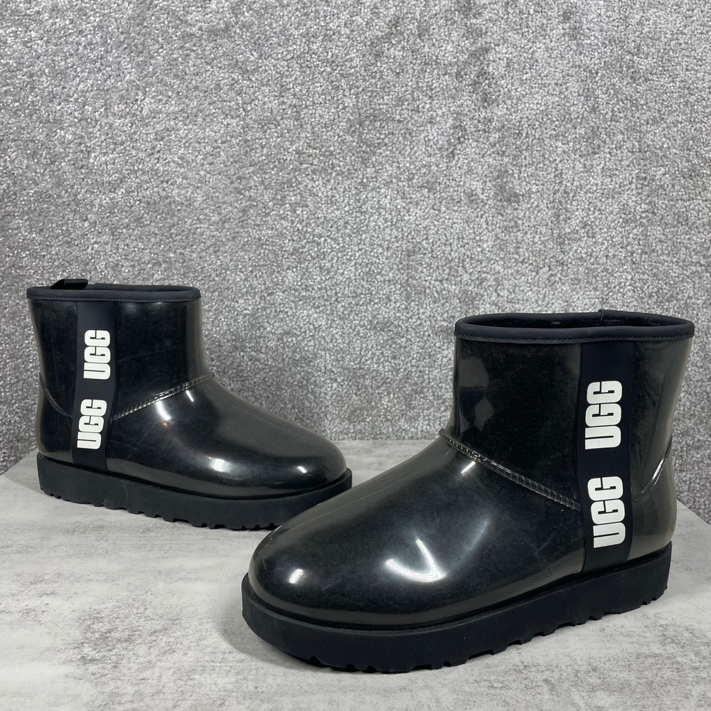 UGG Boots Womens 9 Classic Clear Mini Black Waterproof Logo Rainboots Winter
